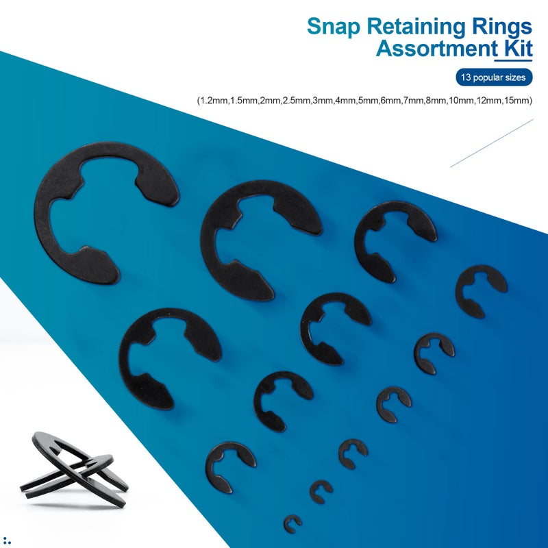 NINDEJIN 395PCS Retaining Rings E-Clip Assortment Set, 13 Sizes, Carbon Steel External Snap Ring, E-Clips Retainer Circlip Rings for Projects - Gears Pulleys Axles Shafts and Other Moving Parts - Image 4