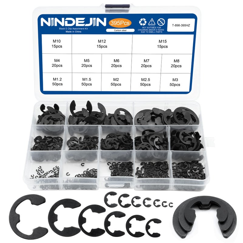 NINDEJIN 395PCS Retaining Rings E-Clip Assortment Set, 13 Sizes, Carbon Steel External Snap Ring, E-Clips Retainer Circlip Rings for Projects - Gears Pulleys Axles Shafts and Other Moving Parts - Image 1