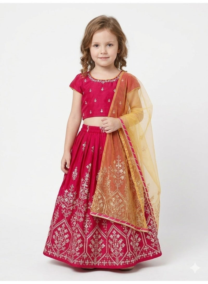 Saka Designs Magenta & Yellow Embroidered Lehenga Choli for Girls - Image 1