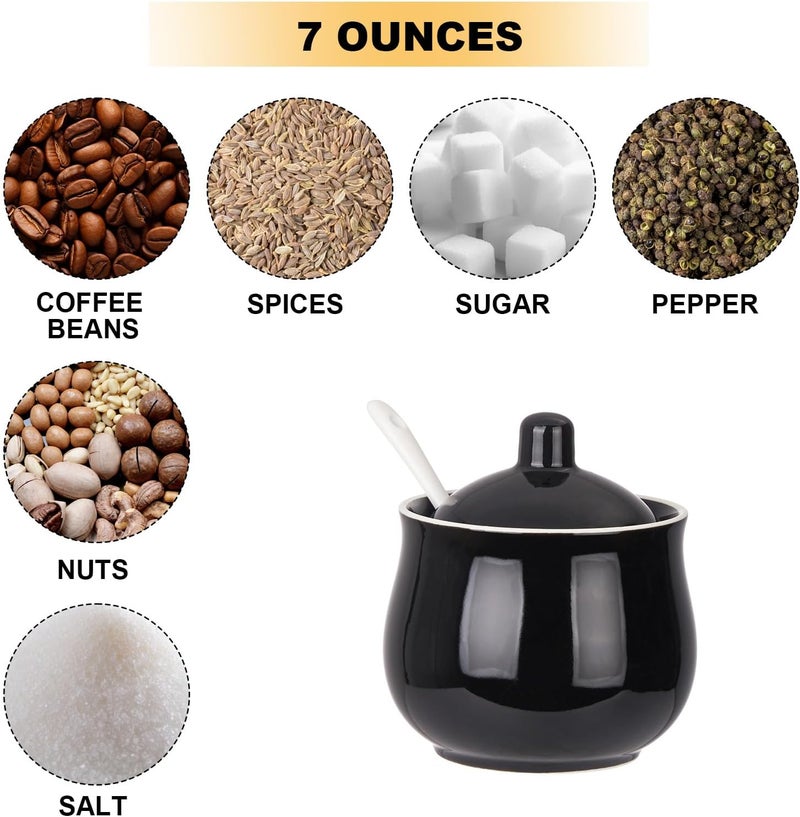 CHILDIKE وعاء سكر سيراميك مع غطاء وملعقة، جرة تخزين ملح وفلفل وسكر من البورسلين الأسود، 8 أونصات - Image 4