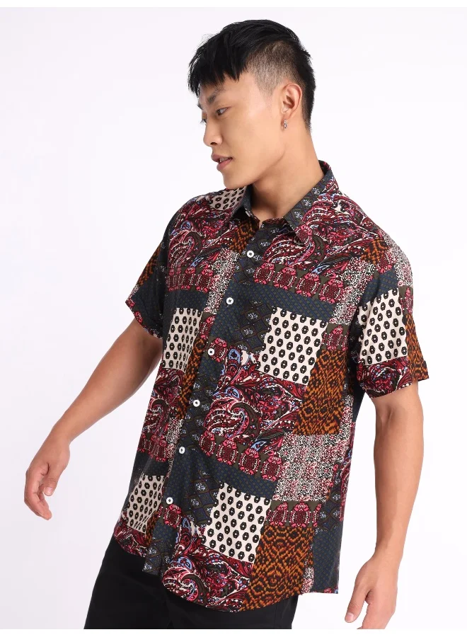 Beyoung Half Sleeve Multicolor Patchwork Hawaiian Shirt for Men