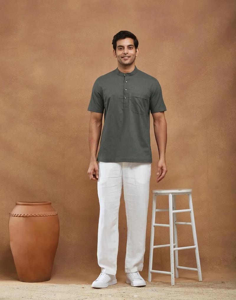 Fabindia  Grey Cotton Mid Placket Shirt for Men | Best Price UAE
