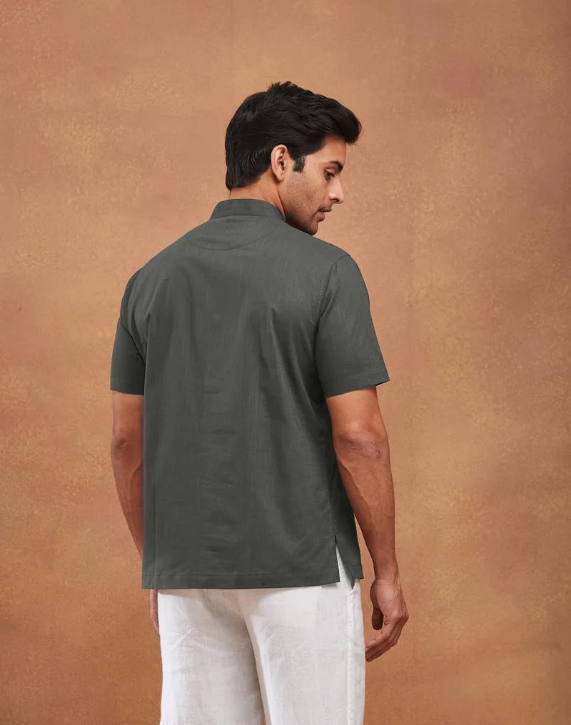 Fabindia  Grey Cotton Mid Placket Shirt for Men | Best Price UAE