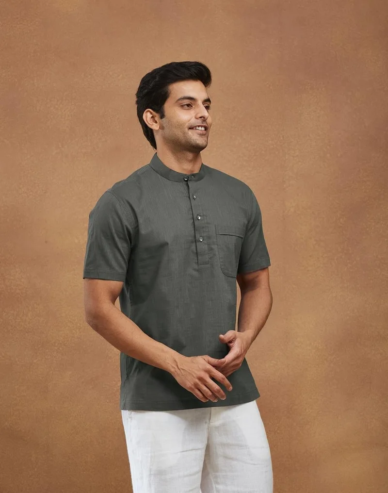 Fabindia  Grey Cotton Mid Placket Shirt for Men | Best Price UAE