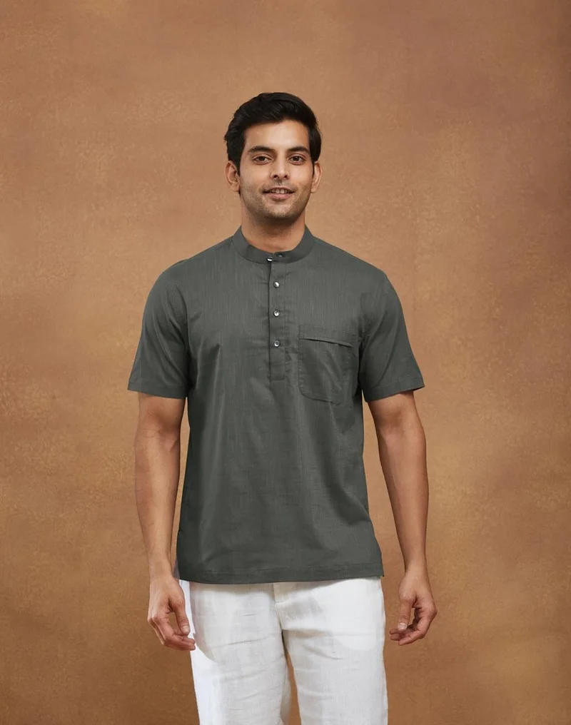 فاب انديا Grey Cotton Mid Placket Shirt