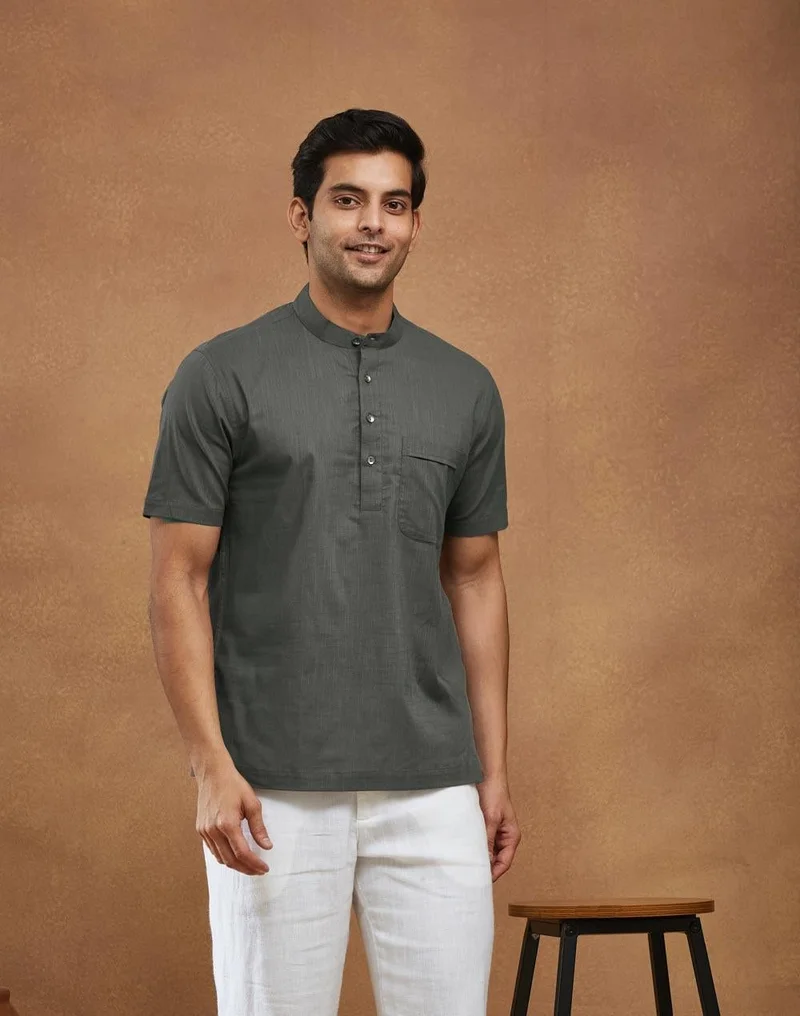 فاب انديا Grey Cotton Mid Placket Shirt