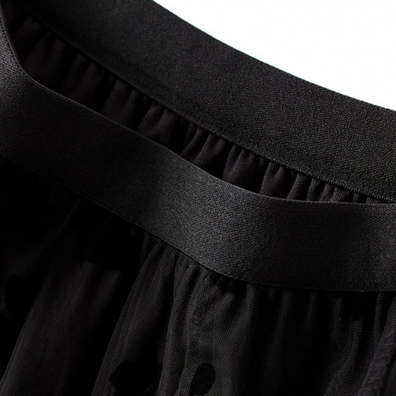 Dirholl Women's A-Line Fairy Patterned Elastic Waist Ruffle Tulle Layered Midi Skirt Flowers Black - Image 3