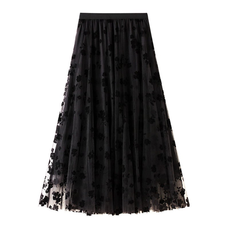 Dirholl Women's A-Line Fairy Patterned Elastic Waist Ruffle Tulle Layered Midi Skirt Flowers Black - Image 1