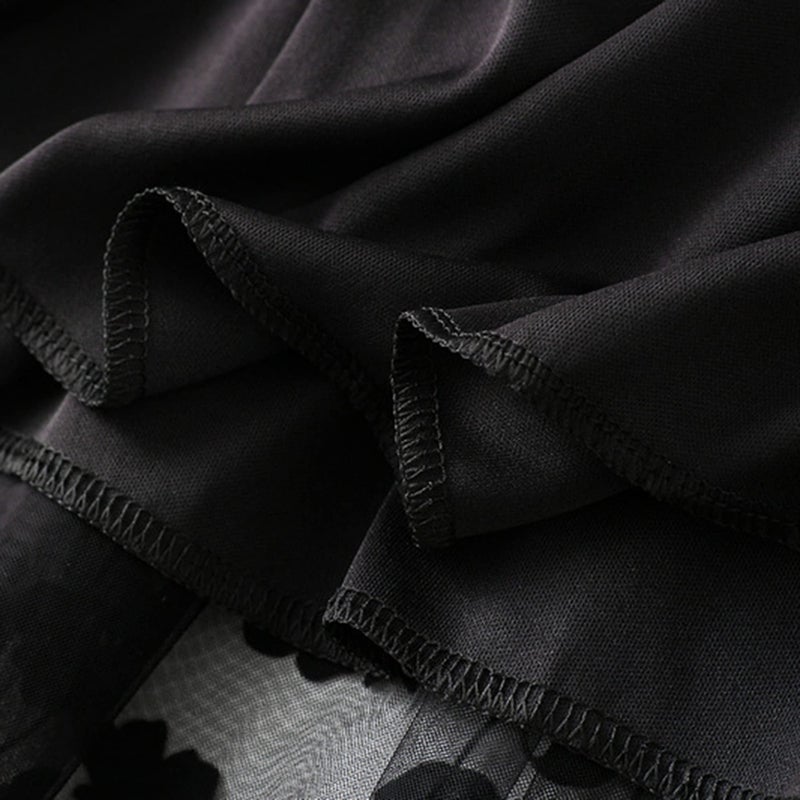Dirholl Women's A-Line Fairy Patterned Elastic Waist Ruffle Tulle Layered Midi Skirt Flowers Black - Image 5