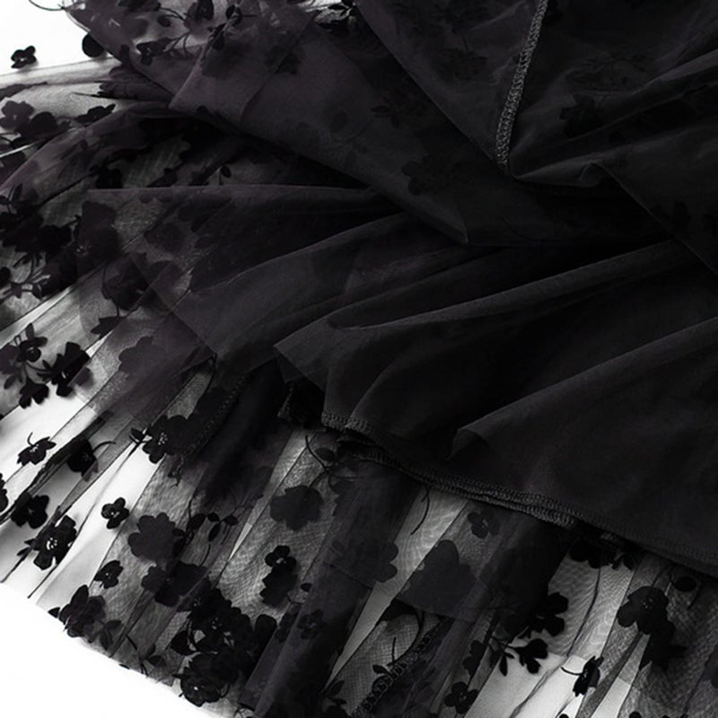 Dirholl Women's A-Line Fairy Patterned Elastic Waist Ruffle Tulle Layered Midi Skirt Flowers Black - Image 4