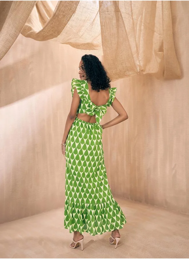 SASSAFRAS All Over Print Tie-Up Back A-Line Maxi Dress by Styli