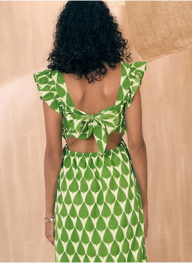 SASSAFRAS All Over Print Tie-Up Back A-Line Maxi Dress by Styli