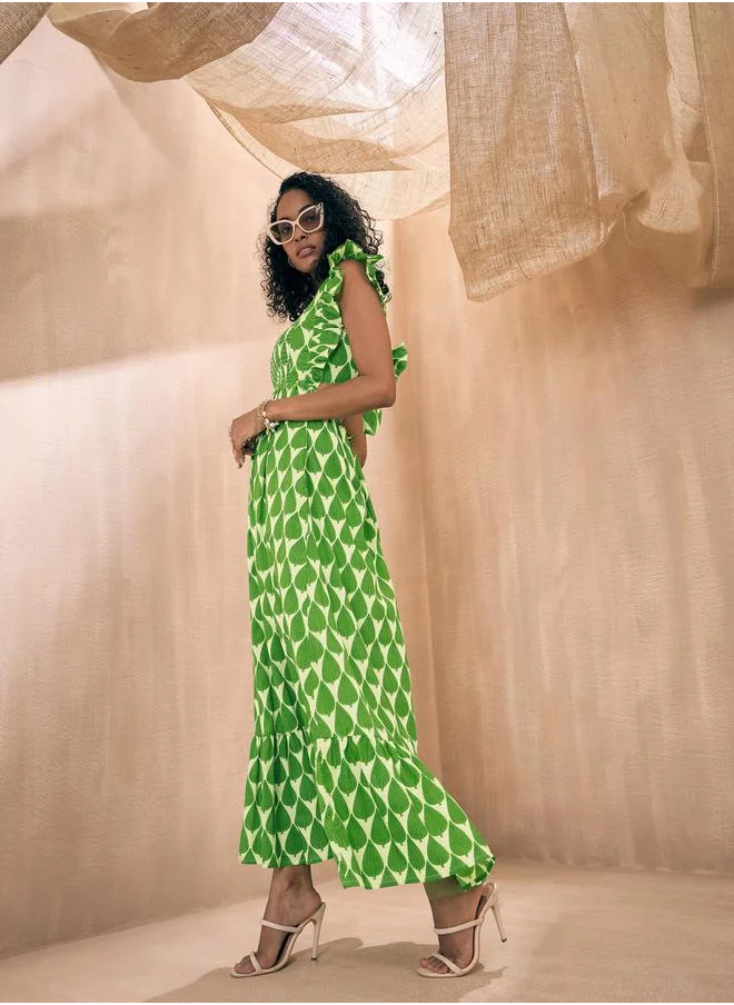 SASSAFRAS All Over Print Tie-Up Back A-Line Maxi Dress by Styli