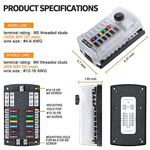 ELECTOP صندوق فيوزات شفرات 300A 12 طريق محدث مع 2 مدخل طاقة إيجابي وناقل سالب، لوحة فيوزات 12 دائرة من ELECTOP مع مؤشر LED لسيارات 12V/24V والشاحنات والقوارب البحرية - Image 3