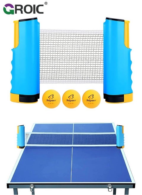 Portable Ping Pong Net Stes with 3Pcs 3-Star Ball, All-in-One Retractable Table Tennis Up to 70" Wide, Can be clamped on Any Desktop Less Than 2" Thick, Premium Family Fun Game