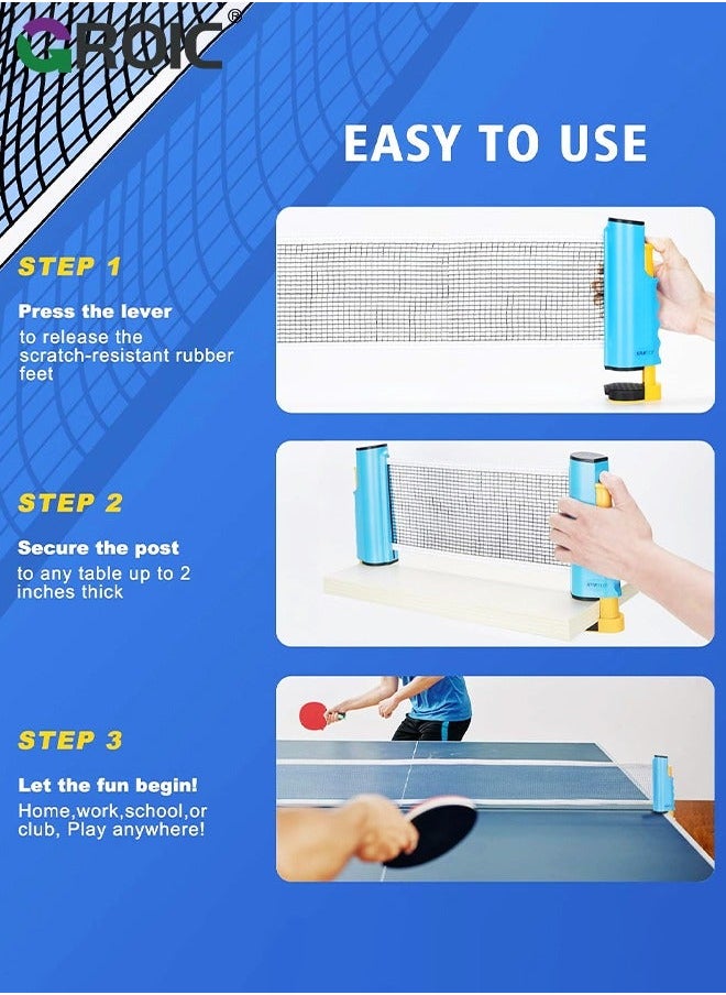 GROIC Portable Ping Pong Net Stes with 3Pcs 3-Star Ball, All-in-One Retractable Table Tennis Up to 70" Wide, Can be clamped on Any Desktop Less Than 2" Thick, Premium Family Fun Game  - Image 4