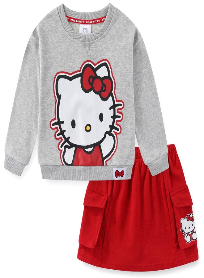 Hello Kitty Sanrio Girls French Terry Sweatshirt and Skort Skirt 2 Piece Set for Big Kids, Grey/Red, 5 - Image 2