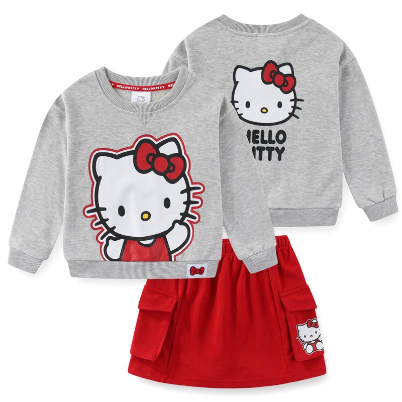 Hello Kitty Sanrio Girls French Terry Sweatshirt and Skort Skirt 2 Piece Set for Big Kids, Grey/Red, 5 - Image 1