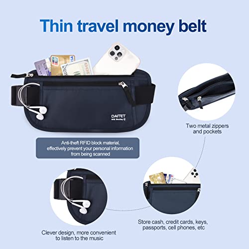 DAITET RFID Blocking Money Belt for Men Women, Slim Fanny Pack for Travel，Running,Conceal Waist Wallet for Passport Holder,Phone,Cash(Black Dark Blue) - Image 2