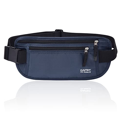 DAITET RFID Blocking Money Belt for Men Women, Slim Fanny Pack for Travel，Running,Conceal Waist Wallet for Passport Holder,Phone,Cash(Black Dark Blue) - Image 1