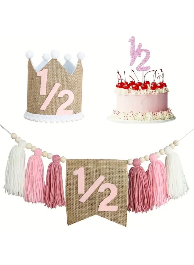 Pink 2 Piece Half Birthday Set Banner And Crown Hat Party Supplies - Image 1