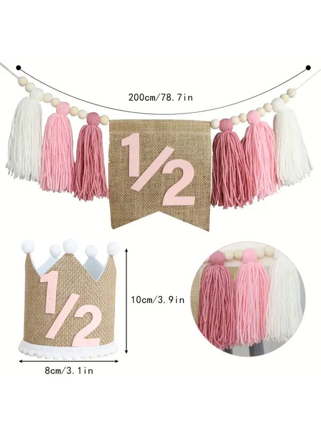 Pink 2 Piece Half Birthday Set Banner And Crown Hat Party Supplies - Image 3