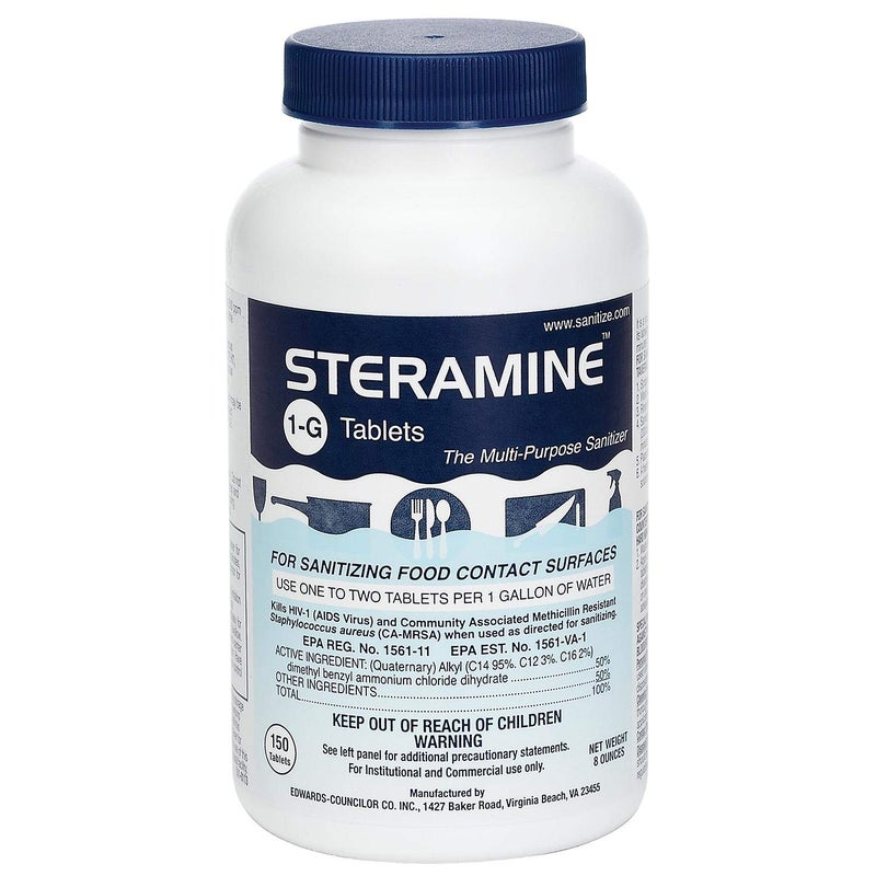 Steramine Sanitizing Tablets, Sanitize Food Contact Surfaces, Model 1-G, 150 Sanitizer Tablets per Bottle, Blue, Pack of 1 Bottle - Image 1