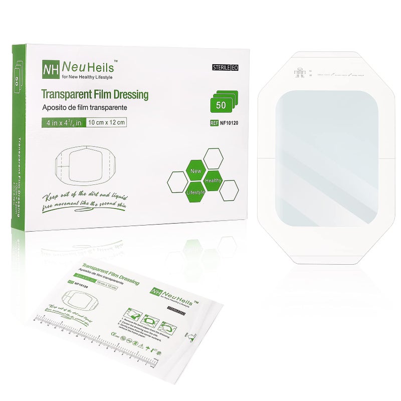NeuHeils Transparent Film Dressing 4 x 4 34 50 Packs Large Waterproof Wound Cover Bandage Post Surgical Shower or IV Shield Tattoo Aftercare Bandage Adhesive Patch