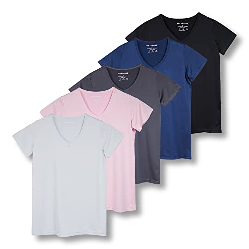 REALESSENTIALS Real Essentials 5 Pack: Women's Dry Fit Short Sleeve V Neck Workout Top - Fitness Pilates Gym Athletic Yoga T-Shirt (Plus Available), Set 6, S - Image 1