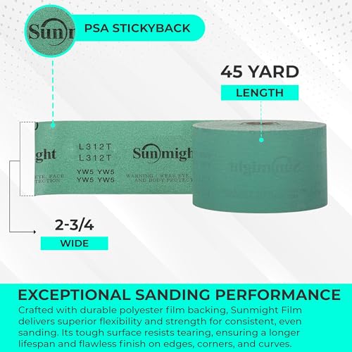 Sunmight Film 180 Grit Sandpaper Roll 2-3/4" x 45 Yards – PSA Longboard Sandpaper – Adhesive Backed for Auto Body, Wood, Metal, Marine & Aerospace – Durable Polyester Backing for Smooth, Even Sanding - Image 4