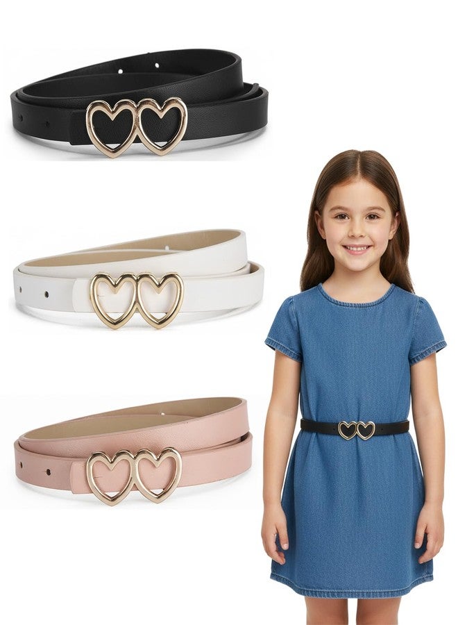 BieFuDan 3 Pack Girls Belt Kids PU Leather Waist Belts, Fashion Double Heart Design Belts Metal Buckle for Dress Pants Jeans, Colorful Kids Belt for Girls Size 6-15 - Image 1