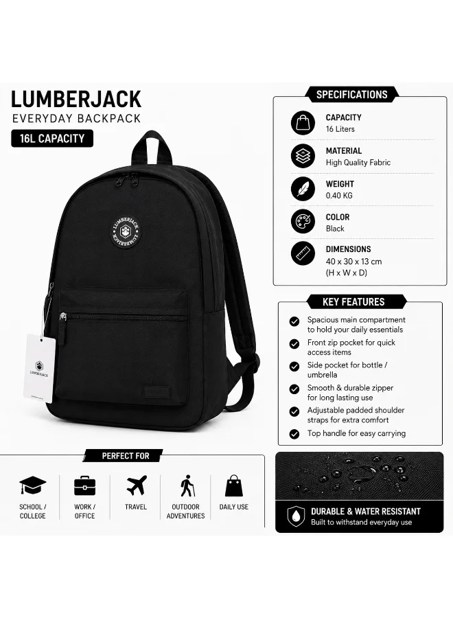 Lumberjack Lumberjack 16L Black Backpack for Men & Women, Everyday Laptop Bag with Front Pocket & Lightweight Design
