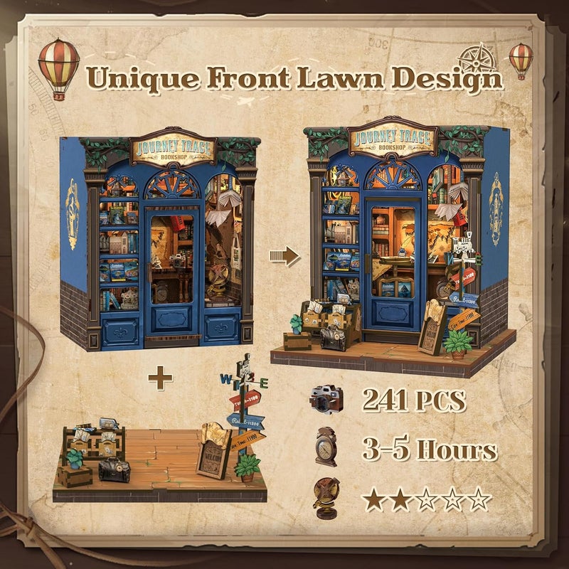 CUTEBEE Book Nook Kit - DIY Miniature House Dollhouse Kit for Adults and Teens, Booknook Tiny House Bookshelf Decor 3D Wooden Puzzle, Gifts for Family, Friends (Journey Trace Bookshop) - Image 4