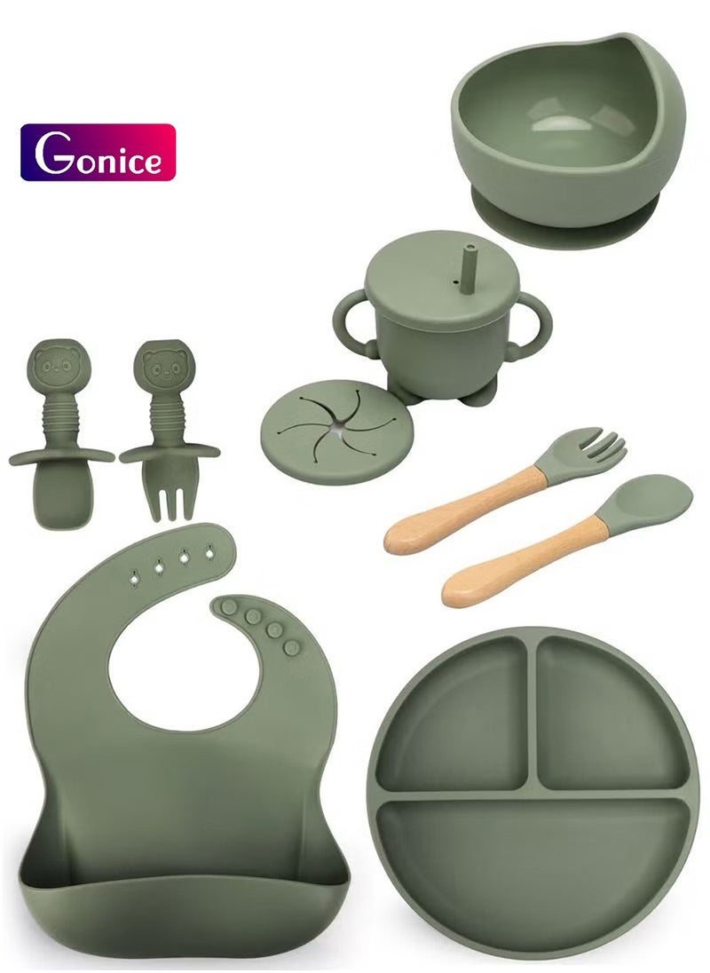 Gonice 9 Piece Baby Feeding Set Baby Led Weaning Feeding Supplies for Toddlers Suction Silicone Baby Bowl Self Eating Utensils with Spoons, Bibs, Cup and Infant Suction Plate with Lid  - Image 1