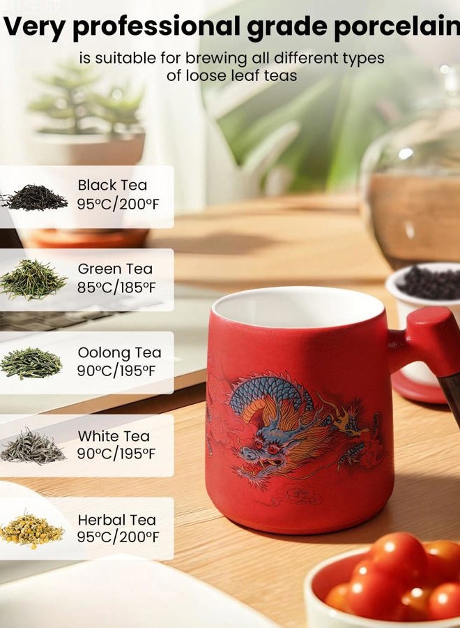 Foinly Porcelain Tea Cup with Infuser and Lid,Ceramic Tea Mug for Loose Leaf Steeping,Tea Strainers Cup with Wood Handle,BPA-Free,Chinese Dragon Tea cup - Gifts for Tea-Lovers (Red) - Image 4