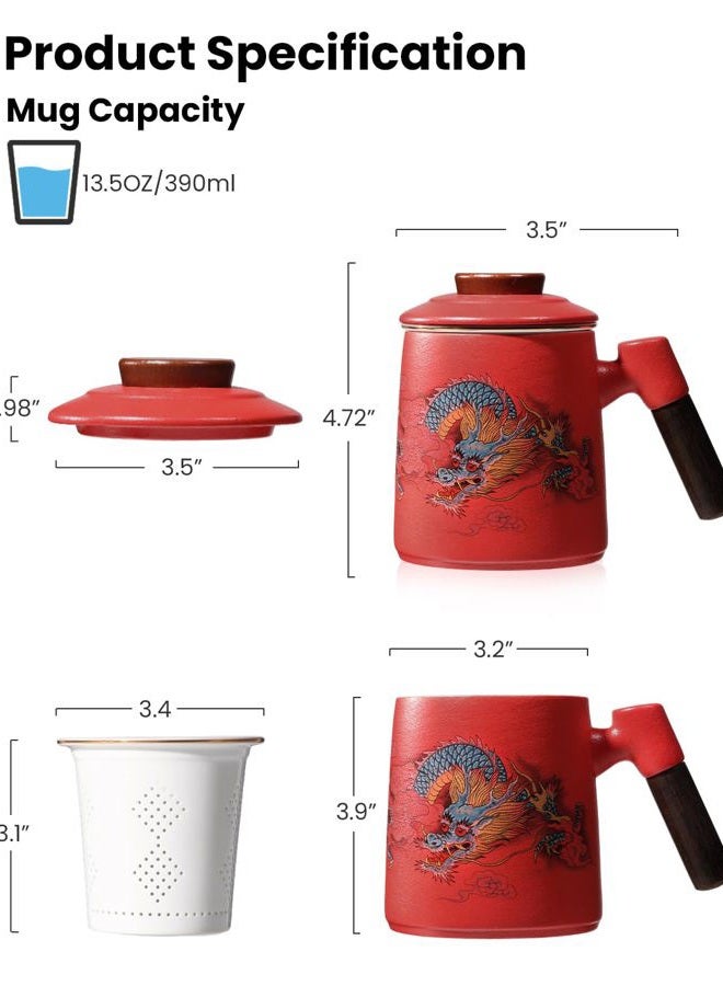 Foinly Porcelain Tea Cup with Infuser and Lid,Ceramic Tea Mug for Loose Leaf Steeping,Tea Strainers Cup with Wood Handle,BPA-Free,Chinese Dragon Tea cup - Gifts for Tea-Lovers (Red) - Image 3