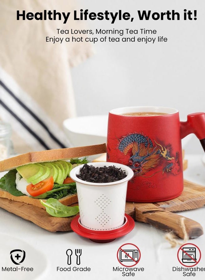 Foinly Porcelain Tea Cup with Infuser and Lid,Ceramic Tea Mug for Loose Leaf Steeping,Tea Strainers Cup with Wood Handle,BPA-Free,Chinese Dragon Tea cup - Gifts for Tea-Lovers (Red) - Image 5