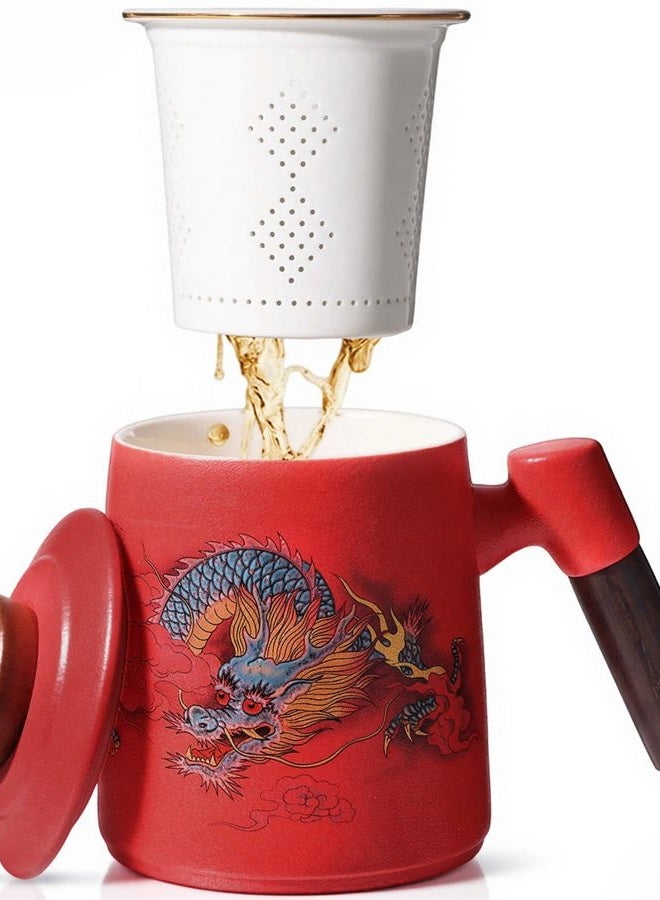 Foinly Porcelain Tea Cup with Infuser and Lid,Ceramic Tea Mug for Loose Leaf Steeping,Tea Strainers Cup with Wood Handle,BPA-Free,Chinese Dragon Tea cup - Gifts for Tea-Lovers (Red) - Image 1