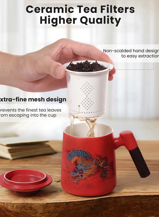 Foinly Porcelain Tea Cup with Infuser and Lid,Ceramic Tea Mug for Loose Leaf Steeping,Tea Strainers Cup with Wood Handle,BPA-Free,Chinese Dragon Tea cup - Gifts for Tea-Lovers (Red) - Image 2