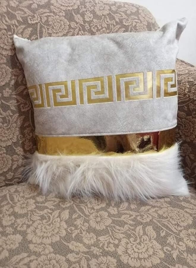 Generic Luxury Decorative Suede Cushions with Gold,(White and Gold), Faux Fur Trim, Set of 2 .sr
