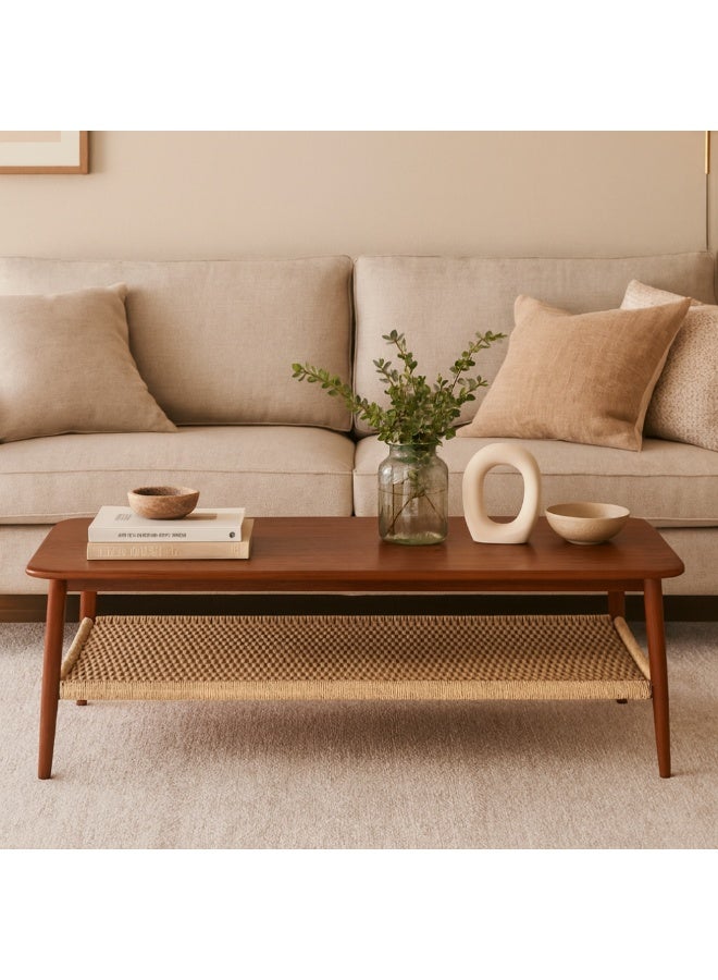 بكسل للأثاث طاولة رئيسية طبقتين من بكسل الأثاث للقهوة بسطح من الخشب وبرف سفلي من الراتان وبأطراف من المعدن - Image 1