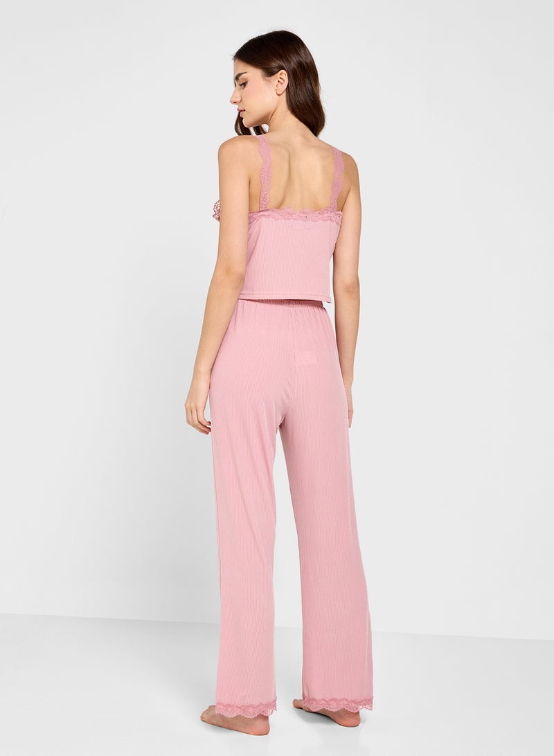Cami Ribed Lace Detail Top & Pyjama Set