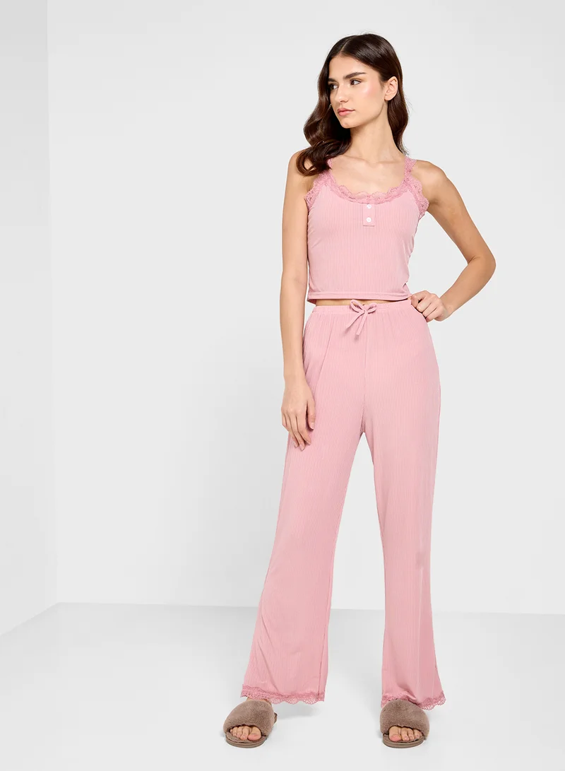 Ginger Cami Ribed Lace Detail Top & Pyjama Set