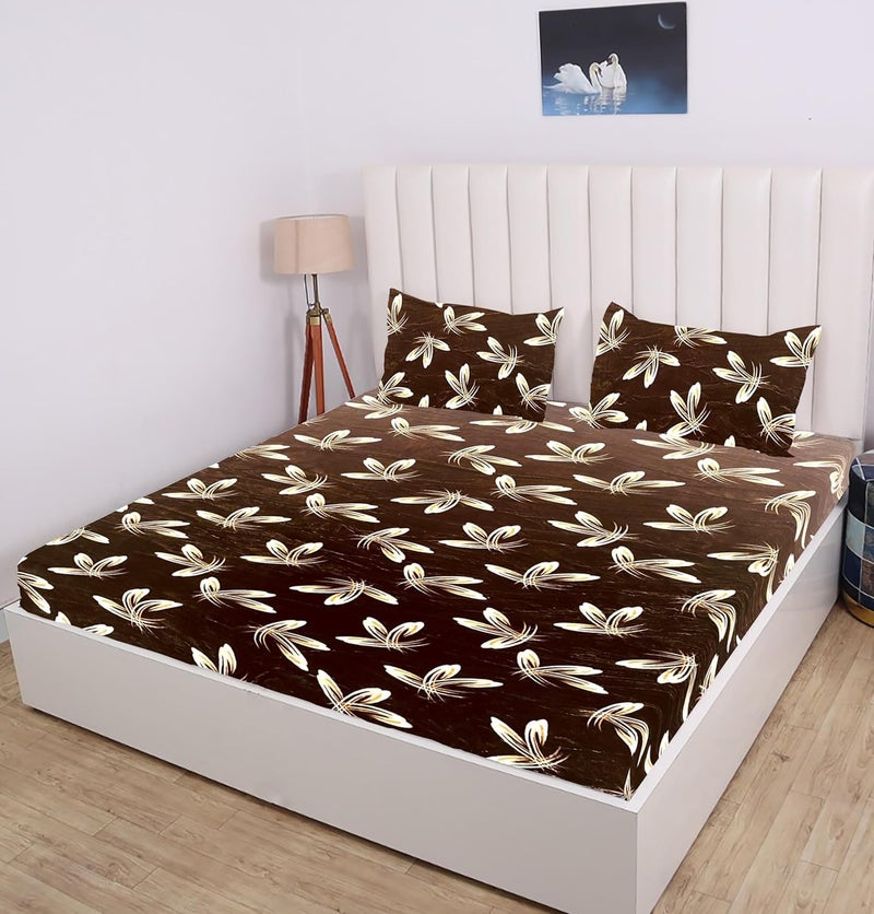 RD TREND 220 TC 190 GSM Warm Elastic Fitted bedsheets for Winter King Size(78X72X8 Inch) with 2 Pillow Cover Size 18x28 Inches, (Coffee Floral) - Image 1