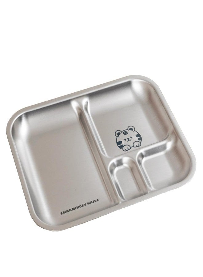 Basil Stainless Steel Plate for Kids - Kids Plates for Food with 3 Compartments - Dinner Plates for Baby - Unbreakable Dinner Plates - Ideal for Birthday, Return Gifting - Bento Tiger Plate - Image 1