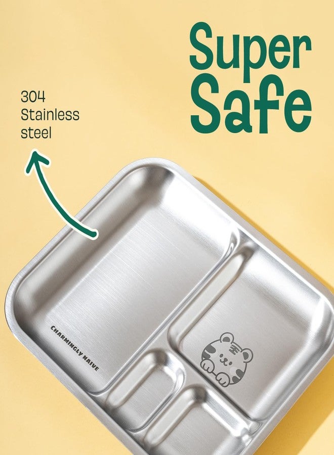 Basil Stainless Steel Plate for Kids - Kids Plates for Food with 3 Compartments - Dinner Plates for Baby - Unbreakable Dinner Plates - Ideal for Birthday, Return Gifting - Bento Tiger Plate - Image 2