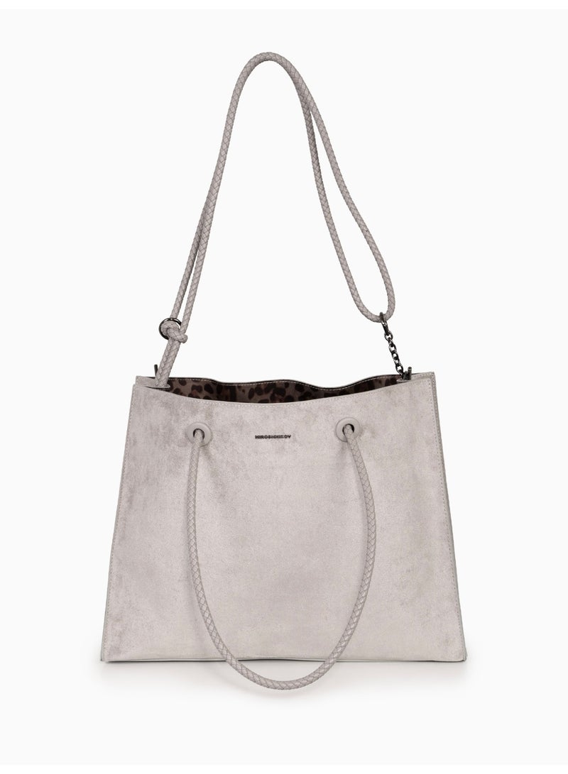 Miroshnikov Women’s Large Shopper Bag for Office & Work, Glossy PU Shoulder Tote, Memory Crinkle Effect, Spacious Lightweight Handbag, No Fastener, 40×31×12 cm - Grey - Image 3