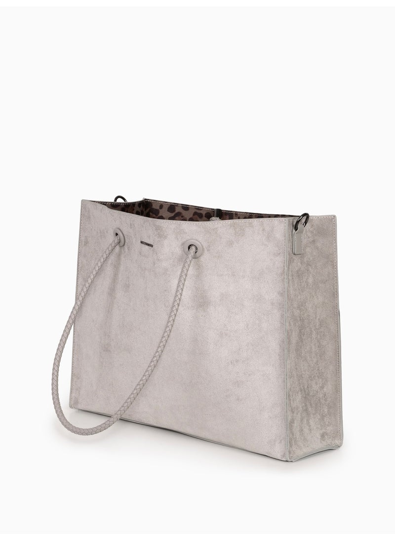 Miroshnikov Women’s Large Shopper Bag for Office & Work, Glossy PU Shoulder Tote, Memory Crinkle Effect, Spacious Lightweight Handbag, No Fastener, 40×31×12 cm - Grey - Image 4