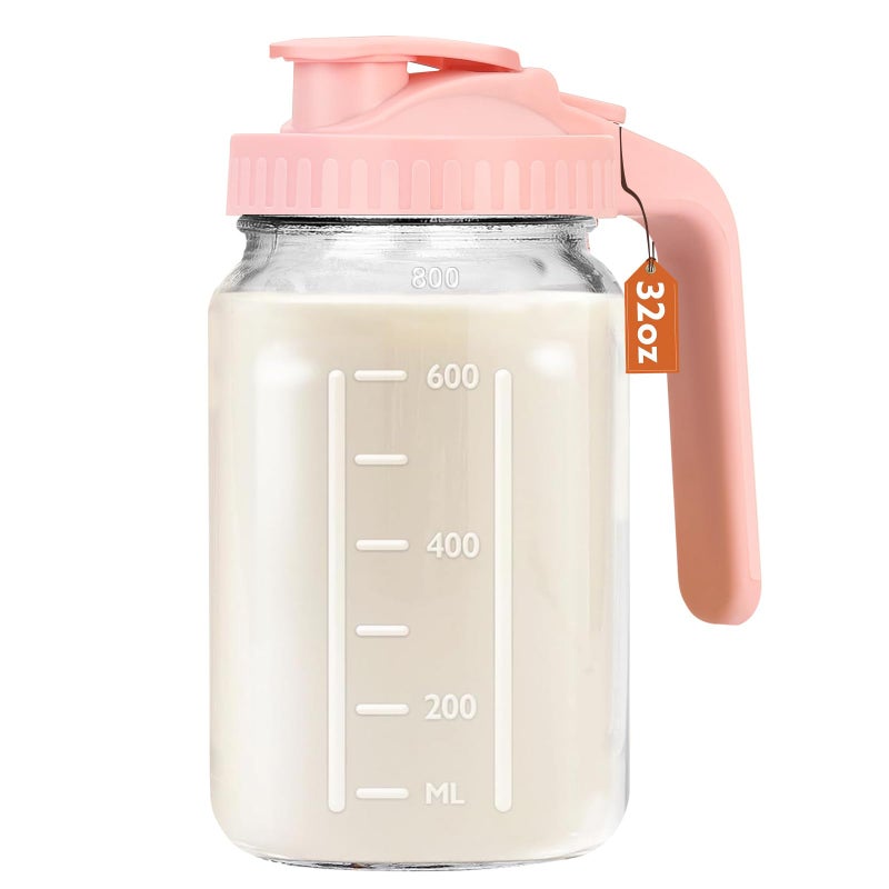 Mihlapi Breast Milk Pitcher 32 OZ Mason Jar Pitcher with Lid Double Leak Proof1 Quart Breastmilk Storage Containers for Fridge Glass Jug for Sun Tea Juice Cold Brew Coffee
