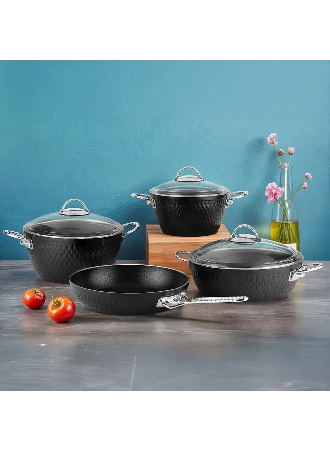 DANUBE HOME Lines 7-Piece Kristal Cookware Set – Titanium Teflon Coating, PFOA-Free Nonstick Cookware – Durable, Heat-Resistant Pots & Pans for Kitchen, Cooking & Frying - Black